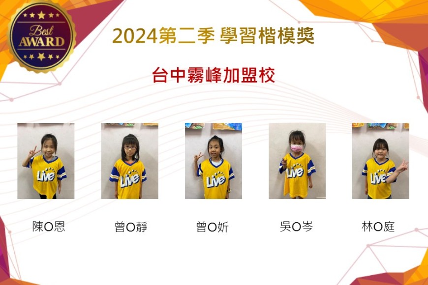 台中霧峰加盟校2024年第二季楷模獎